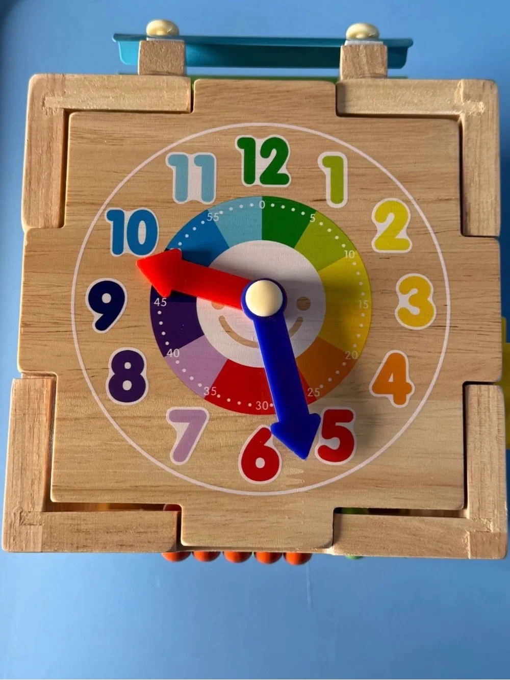 Wooden Activity Cube with Yellow, Blue, and Pink Gears - Kids Toys